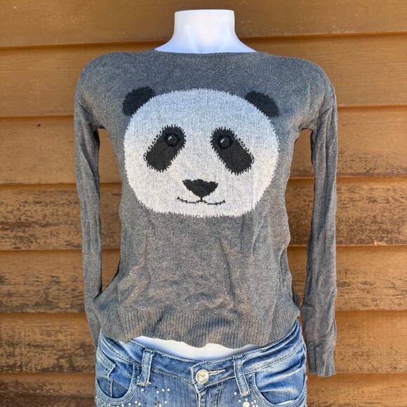 Kensie Gray Long Sleeve Sweater With Panda Face Graphic Womens Size S Cotton Ble - Picture 1 of 9